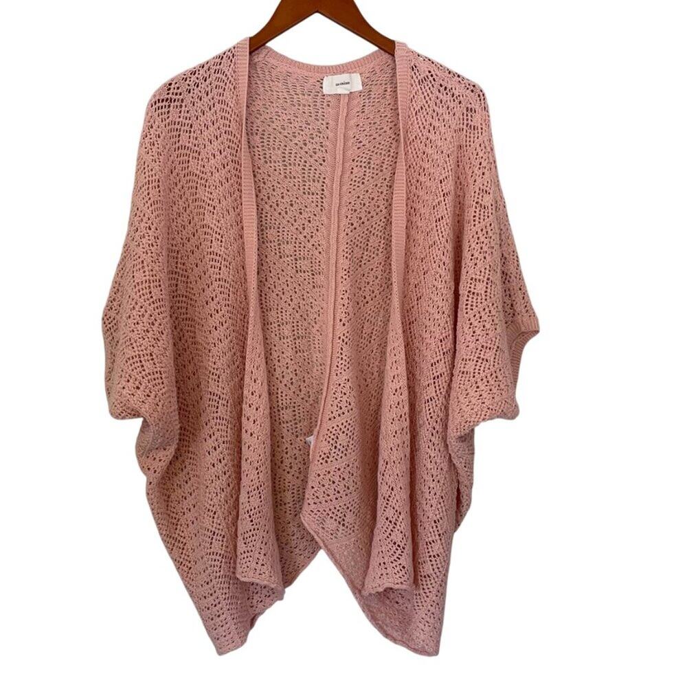 En Creme Pale Pink Crochet Open Knit Short Sleeve Open Cardigan, Casual, Boho, S